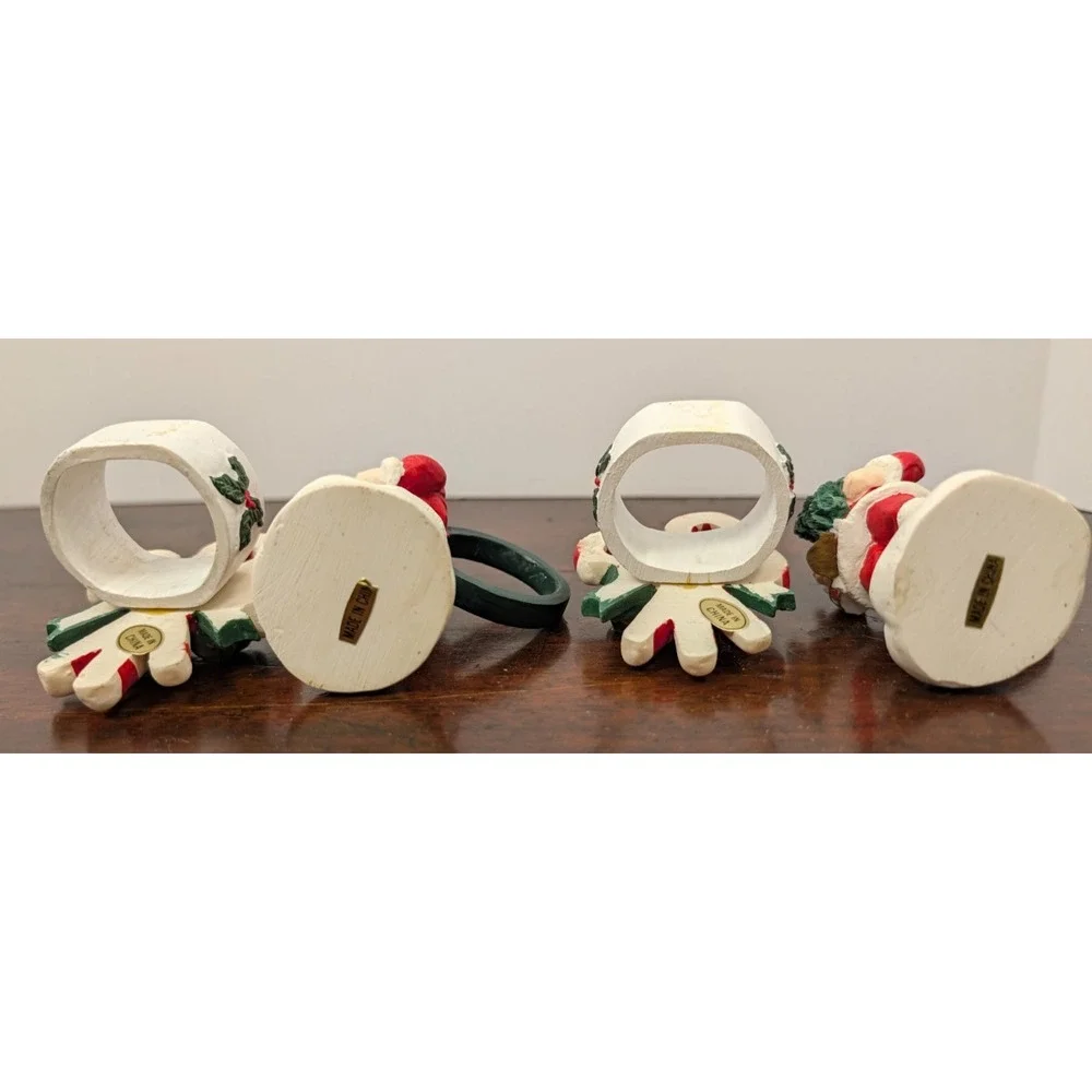 Vintage Santa Christmas Napkin Rings Set 4 Candy Cane Tree Holiday Table Decor